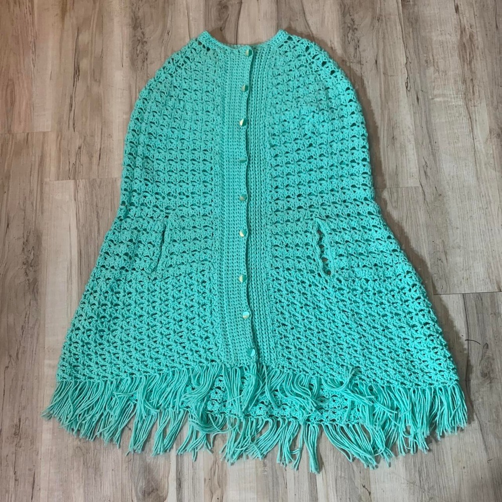 Vintage 1970s Mint Green Handcrafted Crochet Cardigan Fringe Large Womens